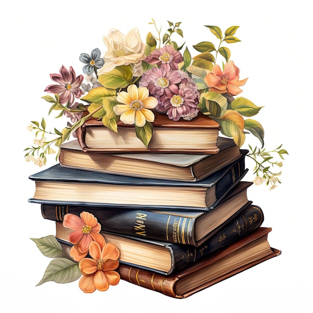 Pila de libros antiguos con flores Ilustración AI Generativo