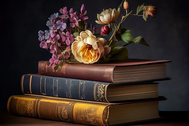 Pila de libros antiguos y un ramo de hermosas flores Ai generativo