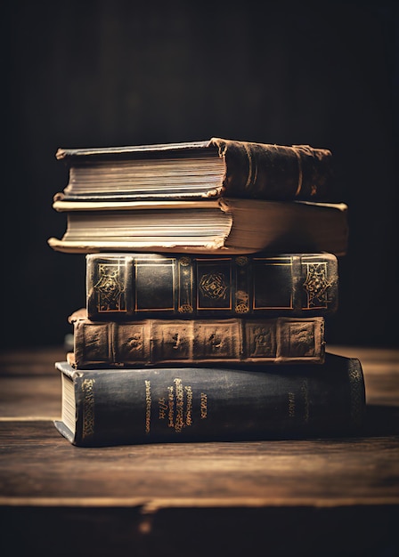 Foto pila de libros antiguos sobre mesa de madera y tonos retro de fondo oscuro