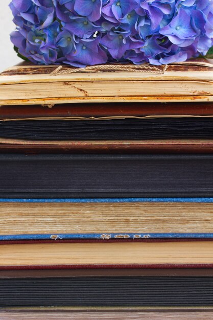 Foto pila de libros antiguos vintage con flores de hortenzia azul cerrar