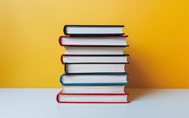 Una pila de libros apilados en un fondo amarillo en una mesa blanca