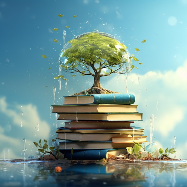 Una pila de libros y un árbol