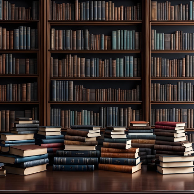 una pila de libros en la biblioteca