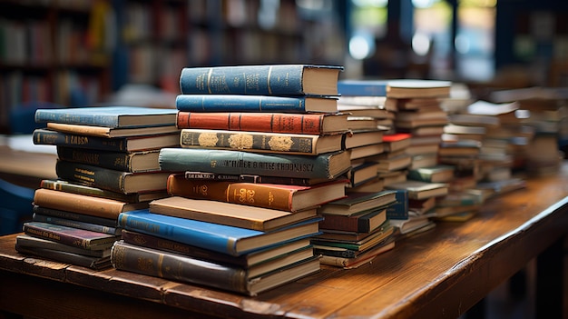 pila de libros en la biblioteca