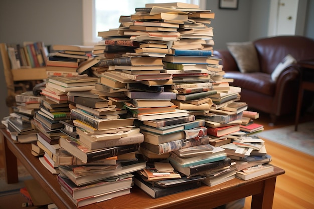 Pila de libros de bolsillo sobre una mesa