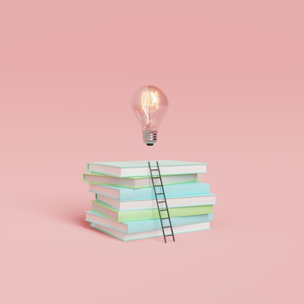 Pila de libros con bombilla y escalera sobre fondo rosa