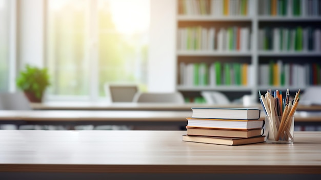 Pila de libros y cantovars sobre mesa de madera y estantería borrosa en la sala de la biblioteca educación regreso a la escuela IA generativa