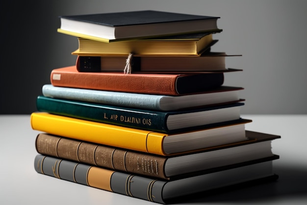 Una pila de libros de cerca en una mesa Libro de pila de vista frontal Pila de libros coloridos sobre fondo blanco