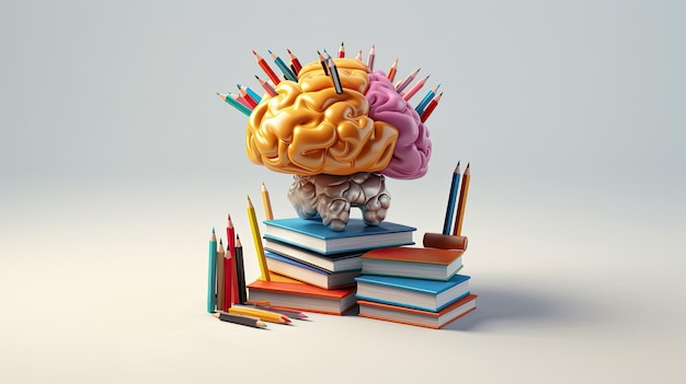 Una pila de libros con un cerebro encima.