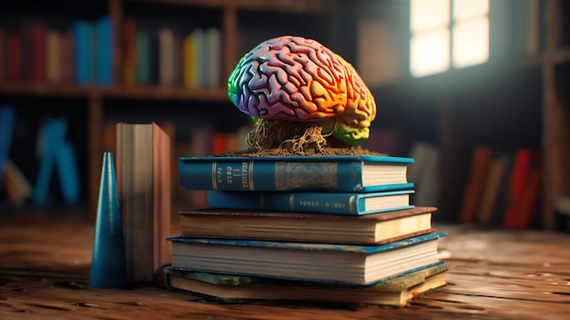 Una pila de libros con un cerebro