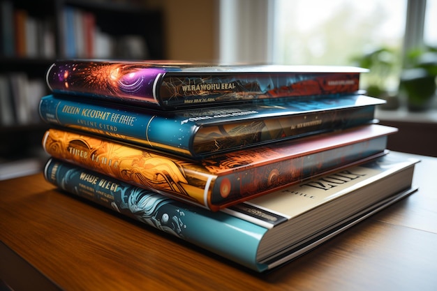 Pila de libros de ciencia ficción con portada futurista