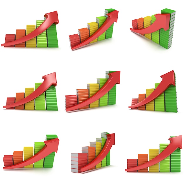 Pila de libros de colores 3d gráfico de barras con flecha roja