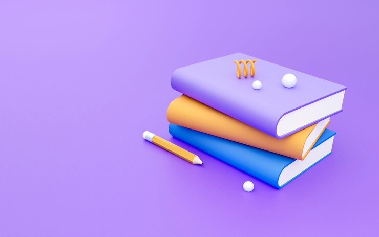 Una pila de libros de colores con un lápiz para estudiar. renderizado 3d