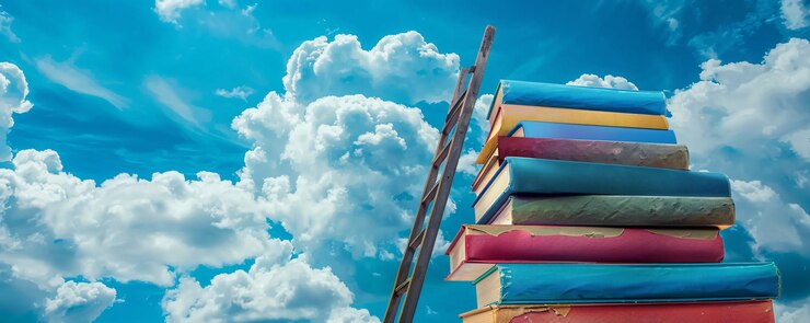 Una pila de libros coloridos que forman una escalera a un cielo nublado que representa la búsqueda del conocimiento