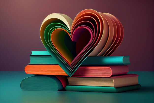 Pila de libros en la cubierta coloreada en forma de corazón Generativo Ai