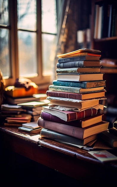 Una pila de libros de cuero vintage en una mesa de madera