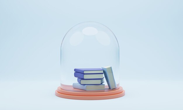 pila de libros debajo de un frasco de vidrio en un pedestal 3d render