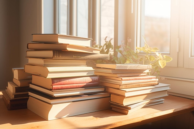 Una pila de libros dispuestos en un alpendre de la ventana con el sol 00161 01