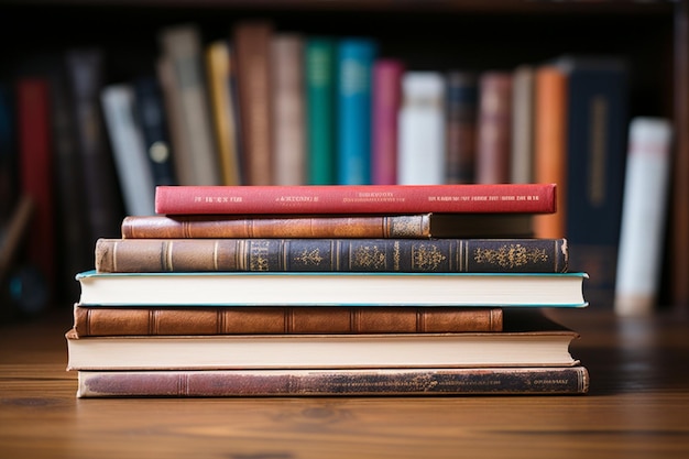 Una pila de libros dispuestos en una mesa de madera