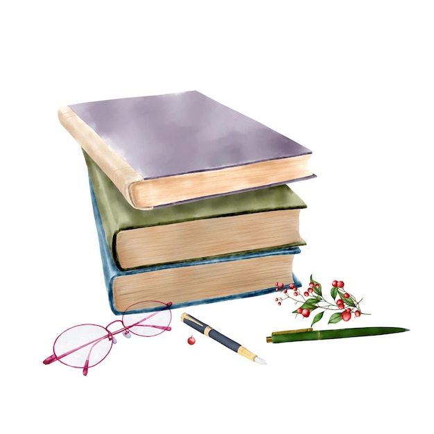 Una pila de libros y elegantes vasos rosados acuarela ilustración digital plumas de pluma y bayas rojas brillantes aisladas sobre un fondo blanco ramas y hojas verdes cerca de los libros