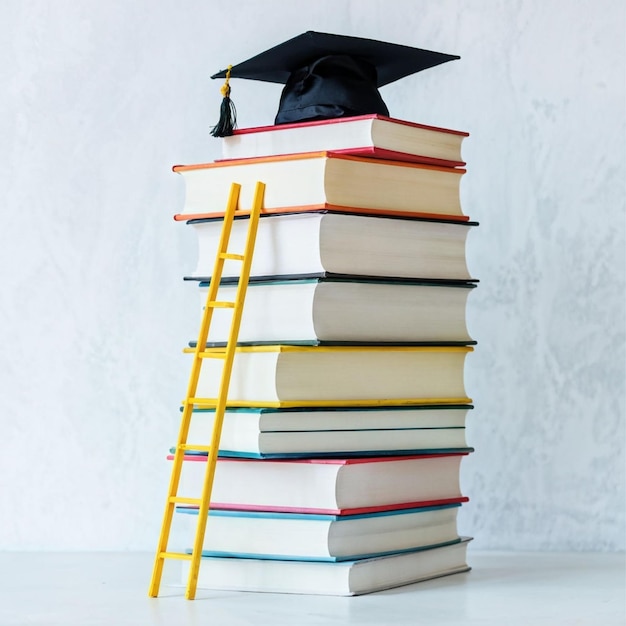 una pila de libros con una escalera amarilla en la parte superior