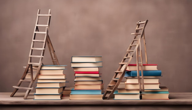 Foto una pila de libros con una escalera en la parte superior de ellos