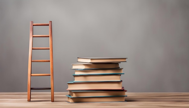 Foto una pila de libros con una escalera a su lado