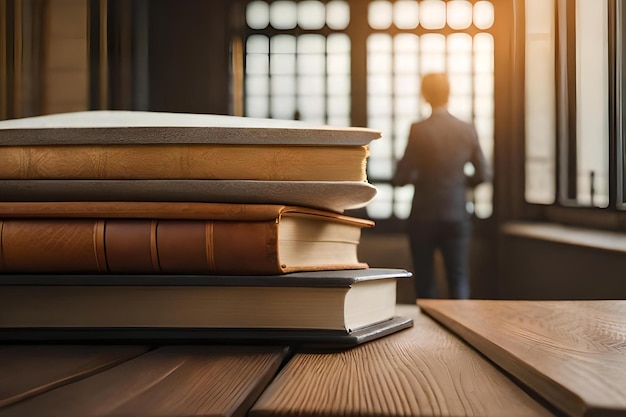 Foto una pila de libros en un escritorio con una persona al fondo.