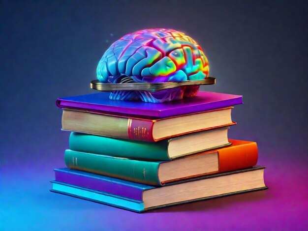 Foto pila de libros fantástica levitación cerebro brillante y salpicaduras coloridas sobre fondo negro