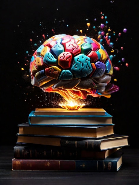 Pila de libros fantástica levitación cerebro brillante y salpicaduras coloridas sobre fondo negro