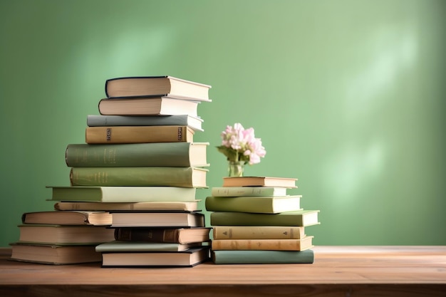 Una pila de libros con una flor en el medio y un fondo verde.