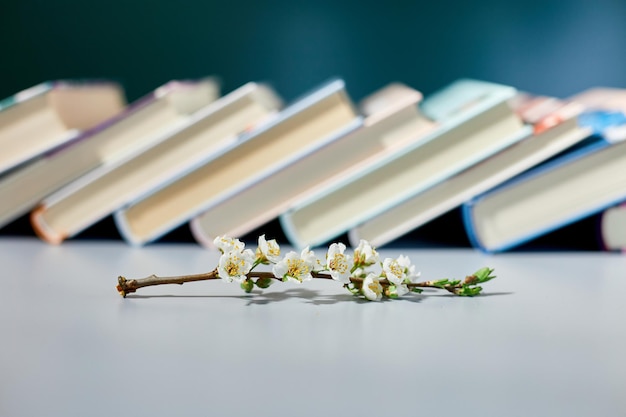 Pila de libros con flores de rama Día mundial del libro