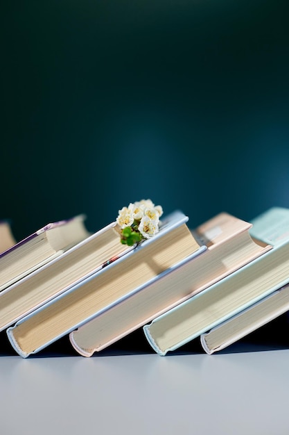 Pila de libros con flores de rama Día mundial del libro