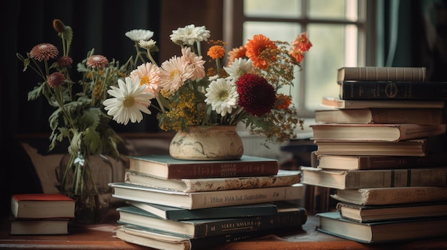 Una pila de libros con flores sobre la mesa.