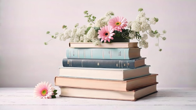 Una pila de libros con flores