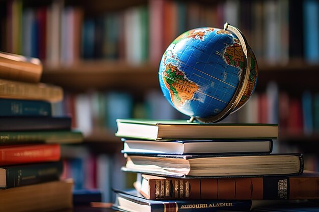 Pila de libros con globo en la mesa en biblioteca borrosa