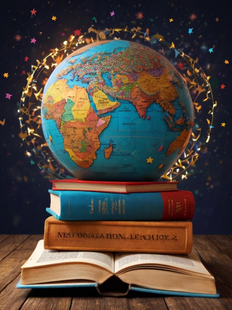 una pila de libros con un globo en la parte superior
