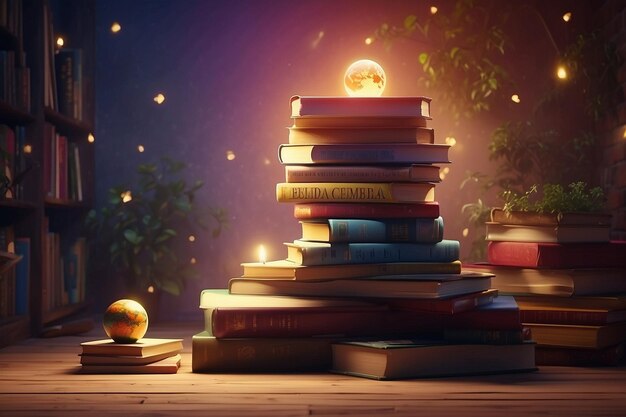 una pila de libros con un globo en la parte superior