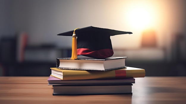 Una pila de libros con un gorro de graduación encima.