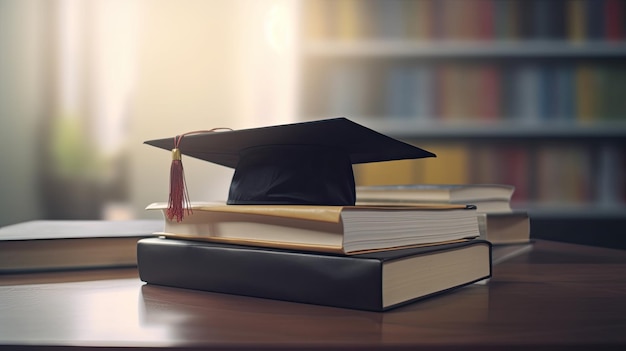 Una pila de libros con un gorro de graduación encima.