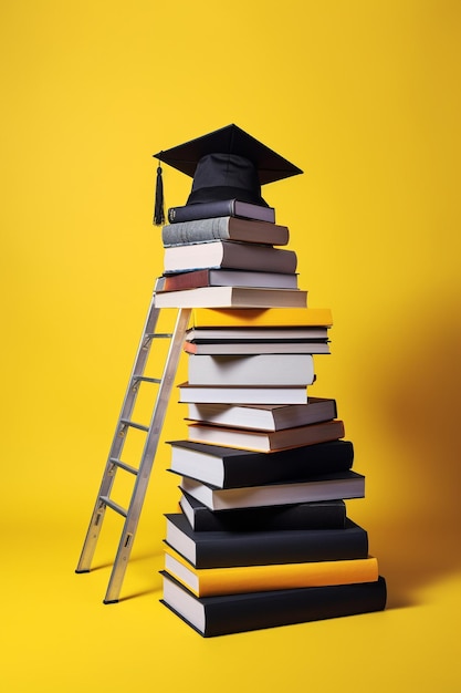 Una pila de libros con un gorro de graduación encima