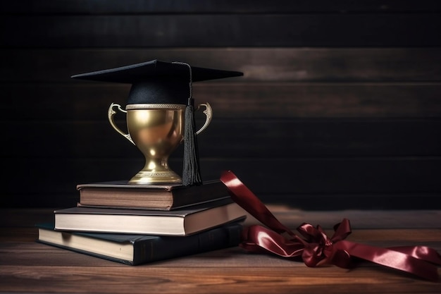 Una pila de libros con un gorro de graduación encima