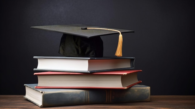 Una pila de libros con un gorro de graduación encima.