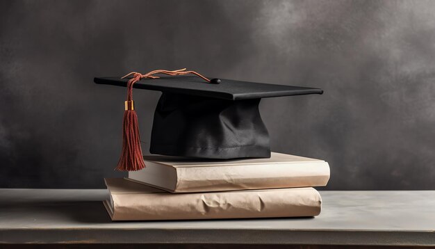 Una pila de libros con un gorro de graduación encima