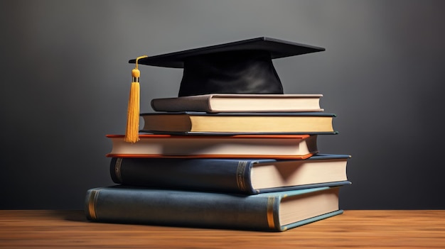 Una pila de libros con un gorro de graduación encima