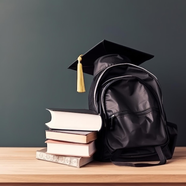 Foto pila de libros y un gorro de graduación en un fondo de pizarra aigenerated