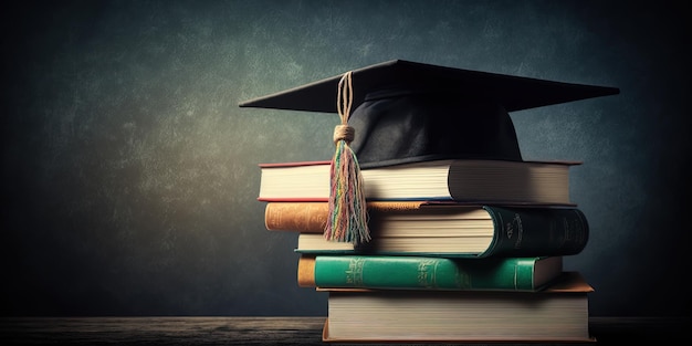 Pila de libros y un gorro de graduación en un fondo de pizarra AIGenerated