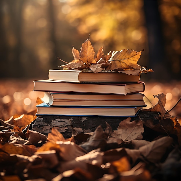 Una pila de libros con hojas de árboles de otoño sobre ellos en un banco del parque de madera y primer plano