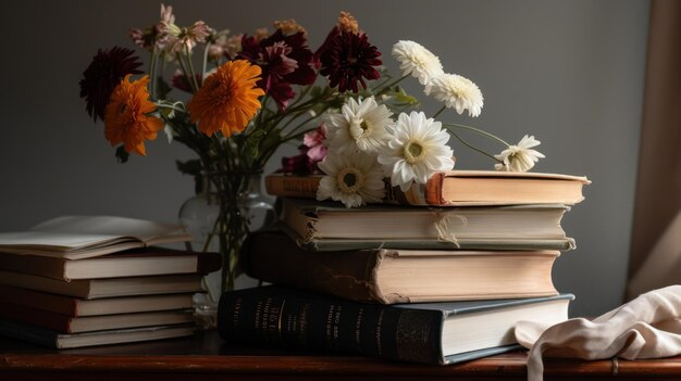 Una pila de libros con un jarrón de flores sobre la mesa.