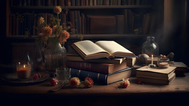 Una pila de libros con un jarrón de flores sobre la mesa.